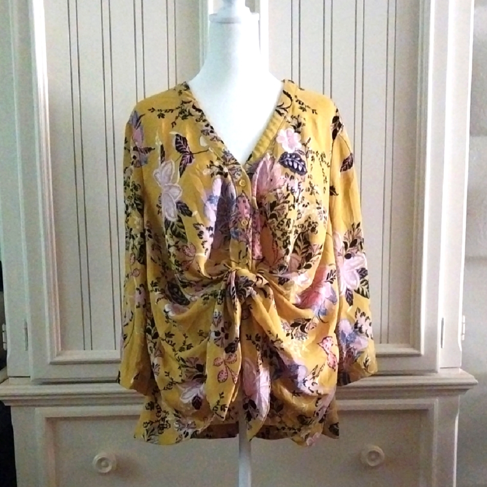 7th Avenue Floral Yellow Women's Top Size L